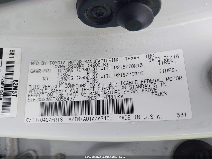 2015 TOYOTA TACOMA - 5TFJX4CN6FX058497