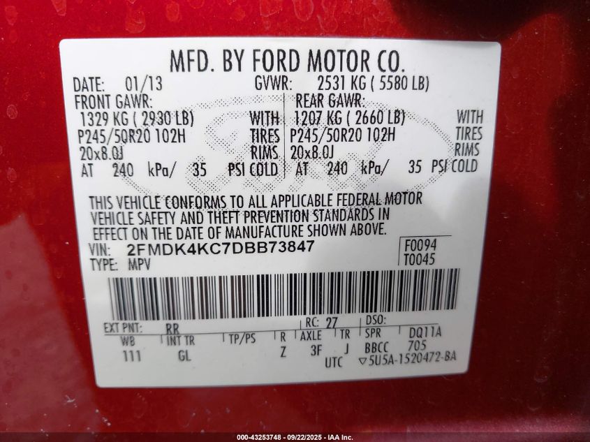 2013 Ford Edge Limited VIN: 2FMDK4KC7DBB73847 Lot: 43253748