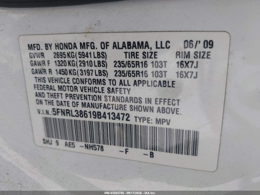 2009 Honda Odyssey Ex-L VIN: 5FNRL38619B413472 Lot: 43253750