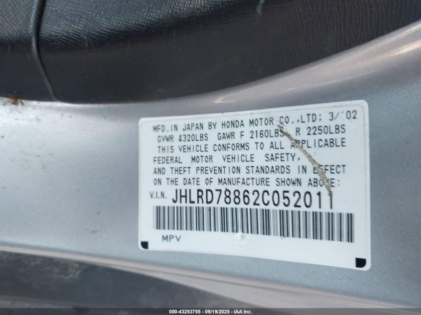 2002 Honda Cr-V Ex VIN: JHLRD78862C052011 Lot: 43253755