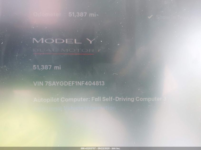2022 Tesla Model Y Performance Dual Motor All-Wheel Drive VIN: 7SAYGDEF1NF404813 Lot: 43253757