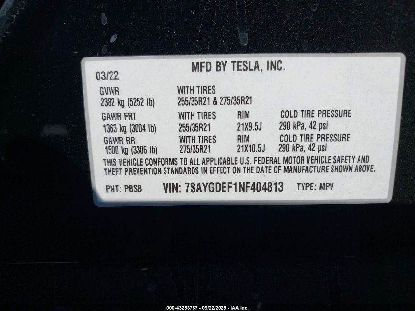 2022 Tesla Model Y Performance Dual Motor All-Wheel Drive VIN: 7SAYGDEF1NF404813 Lot: 43253757