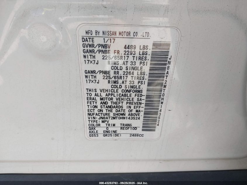 2017 Nissan Rogue S VIN: JN8AT2MT0HW143524 Lot: 43253763