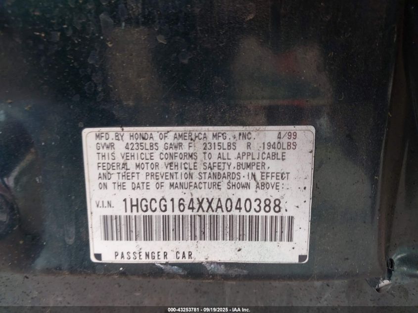 1999 Honda Accord Lx V6 VIN: 1HGCG164XXA040388 Lot: 43253781