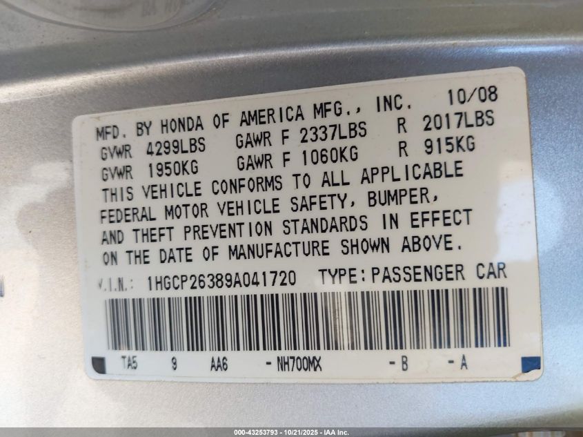 2009 Honda Accord 2.4 Lx VIN: 1HGCP26389A041720 Lot: 43253793