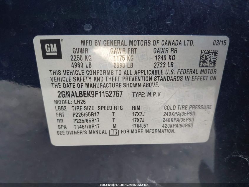 2015 Chevrolet Equinox 1Lt VIN: 2GNALBEK9F1152767 Lot: 43253817