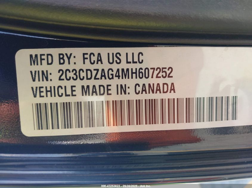 2021 Dodge Challenger Sxt VIN: 2C3CDZAG4MH607252 Lot: 43430808