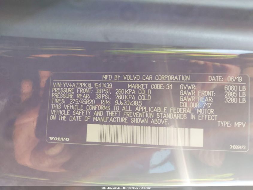 2020 Volvo Xc90 T6 Momentum 7 Passenger VIN: YV4A22PKXL1541439 Lot: 43253843