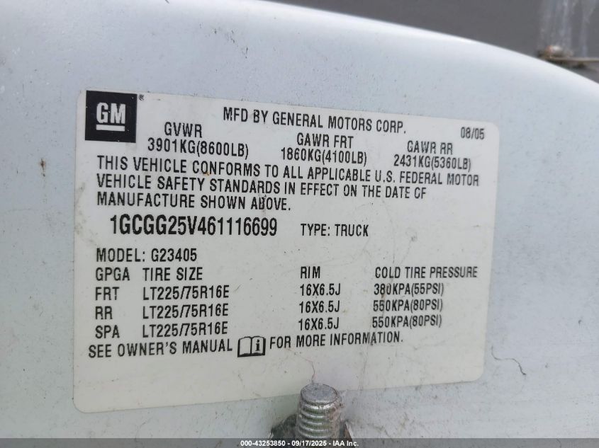 2006 Chevrolet Express Work Van VIN: 1GCGG25V461116699 Lot: 43253850