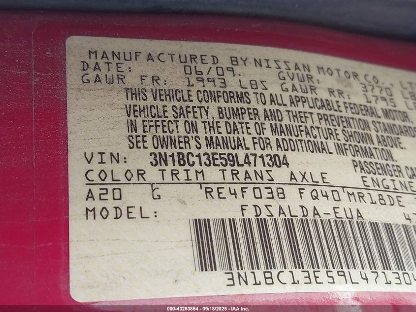 2009 Nissan Versa 1.8S VIN: 3N1BC13E59L471304 Lot: 43253854