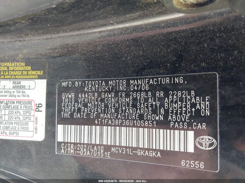 2006 Toyota Camry Solara Sle VIN: 4T1FA38P36U105851 Lot: 43253876