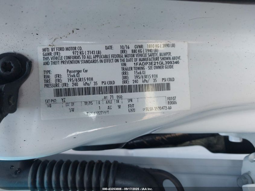 2016 Ford Focus S VIN: 1FADP3E21GL399346 Lot: 43253886