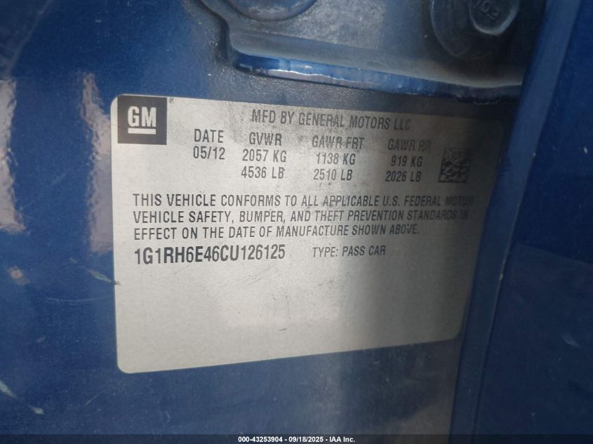 2012 Chevrolet Volt VIN: 1G1RH6E46CU126125 Lot: 43253904