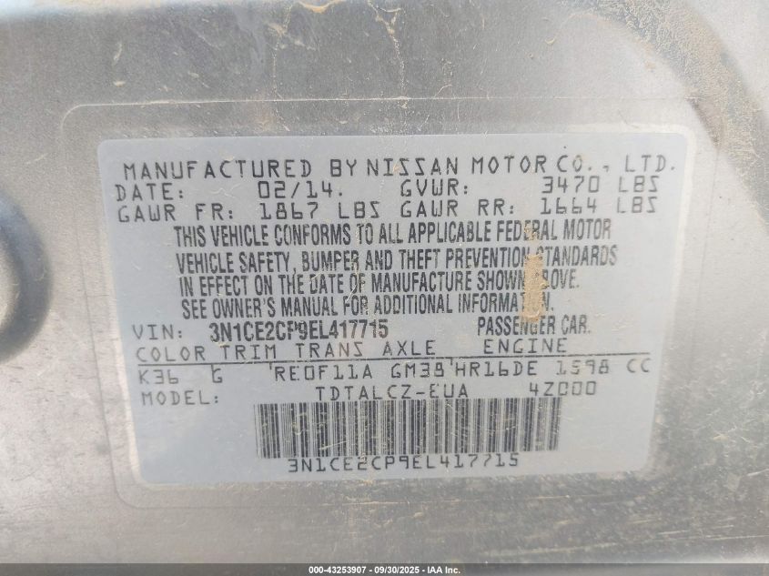 2014 Nissan Versa Note S Plus VIN: 3N1CE2CP9EL417715 Lot: 43253907