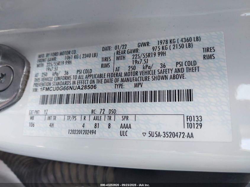 2022 Ford Escape Se VIN: 1FMCU0G66NUA28506 Lot: 43253920