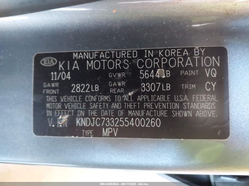 2005 Kia Sorento Ex/Lx VIN: KNDJC733255400260 Lot: 43253924