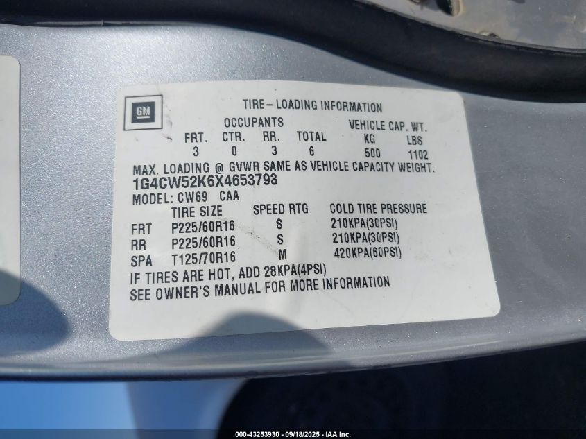 1999 Buick Park Avenue Base Cmi VIN: 1G4CW52K6X4653793 Lot: 43253930