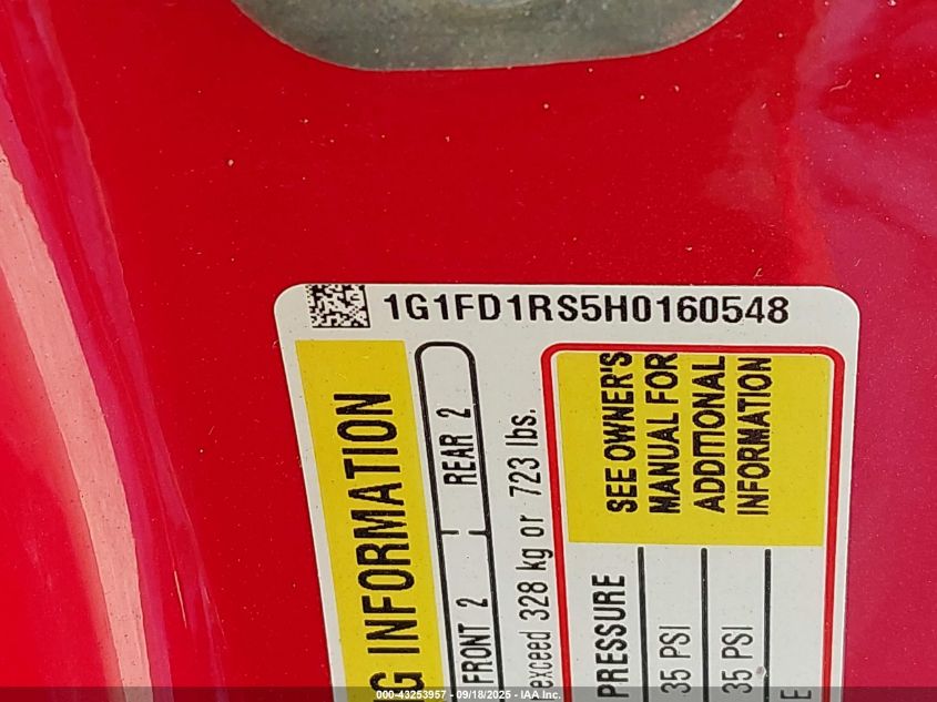 2017 Chevrolet Camaro Lt VIN: 1G1FD1RS5H0160548 Lot: 43253957