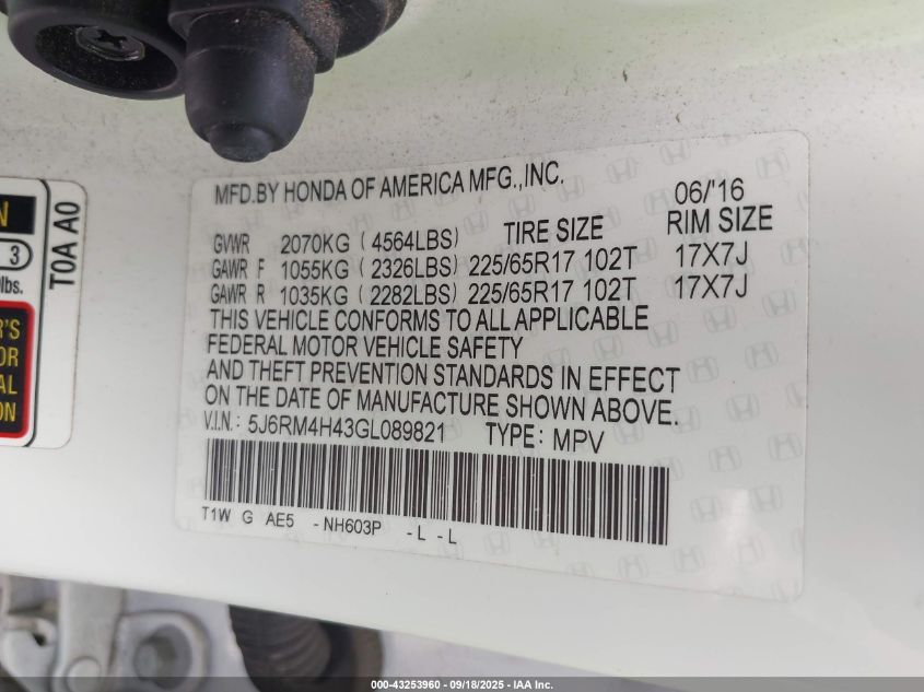 2016 Honda Cr-V Se VIN: 5J6RM4H43GL089821 Lot: 43253960