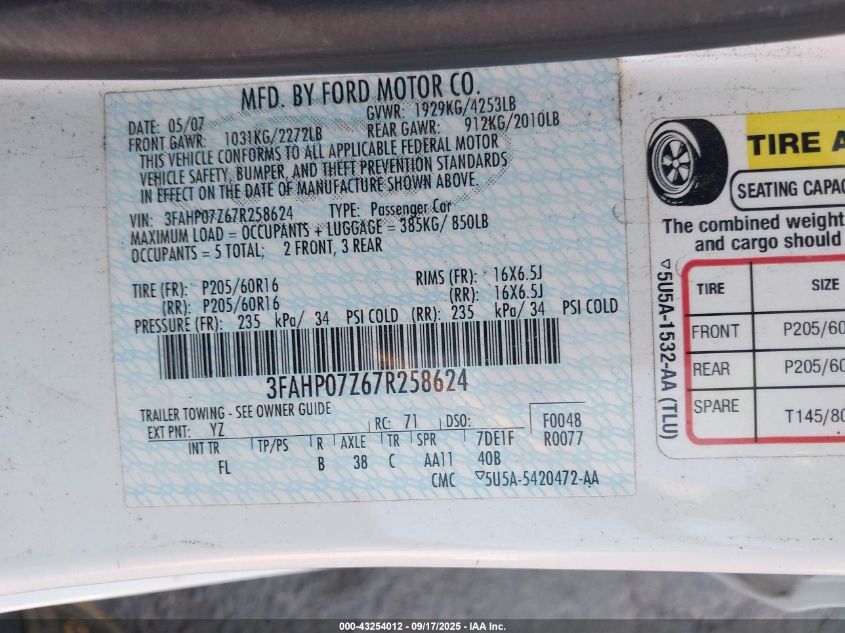 2007 Ford Fusion Se VIN: 3FAHP07Z67R258624 Lot: 43254012
