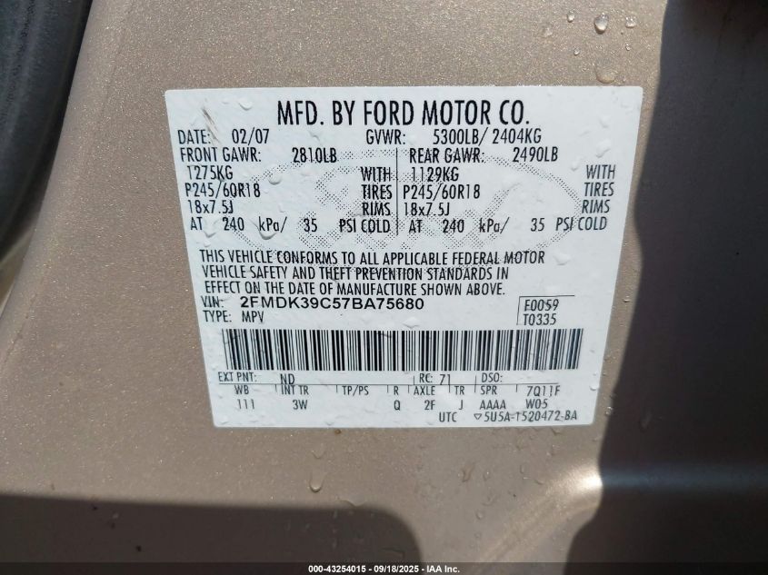 2007 Ford Edge Sel Plus VIN: 2FMDK39C57BA75680 Lot: 43254015