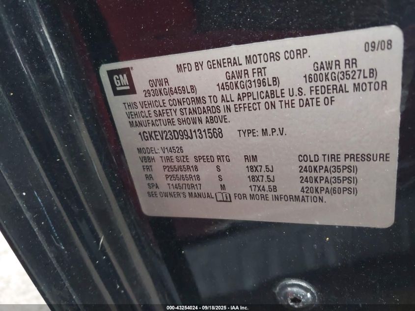 2009 GMC Acadia Slt-1 VIN: 1GKEV23D99J131568 Lot: 43254024