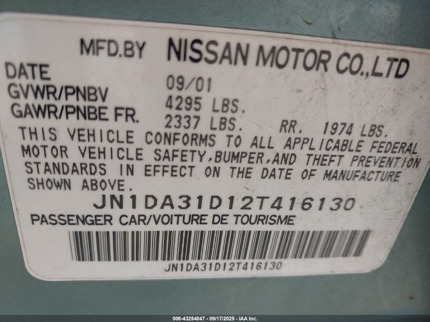 2002 Nissan Maxima Gle VIN: JN1DA31D12T416130 Lot: 43254047