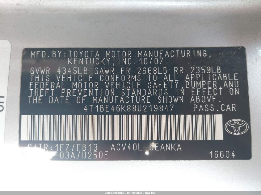 2008 Toyota Camry Le VIN: 4T1BE46K88U219847 Lot: 43254059