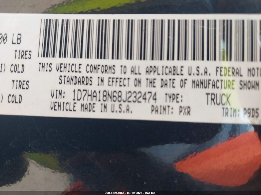 2008 Dodge Ram 1500 St/Sxt VIN: 1D7HA18N68J232474 Lot: 43254065