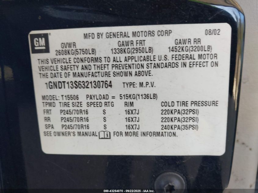 2003 Chevrolet Trailblazer Ls VIN: 1GNDT13S632130764 Lot: 43254070