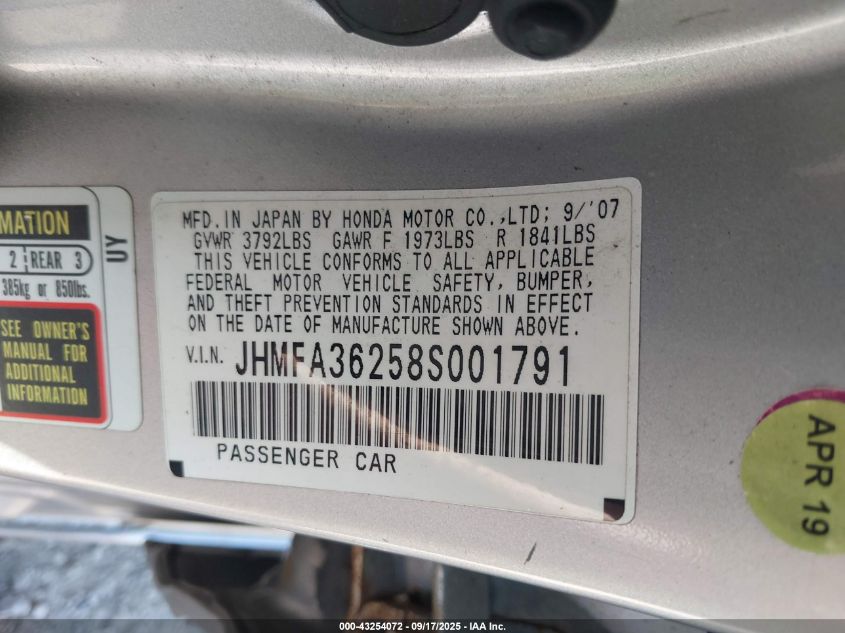 2008 Honda Civic Hybrid VIN: JHMFA36258S001791 Lot: 43254072