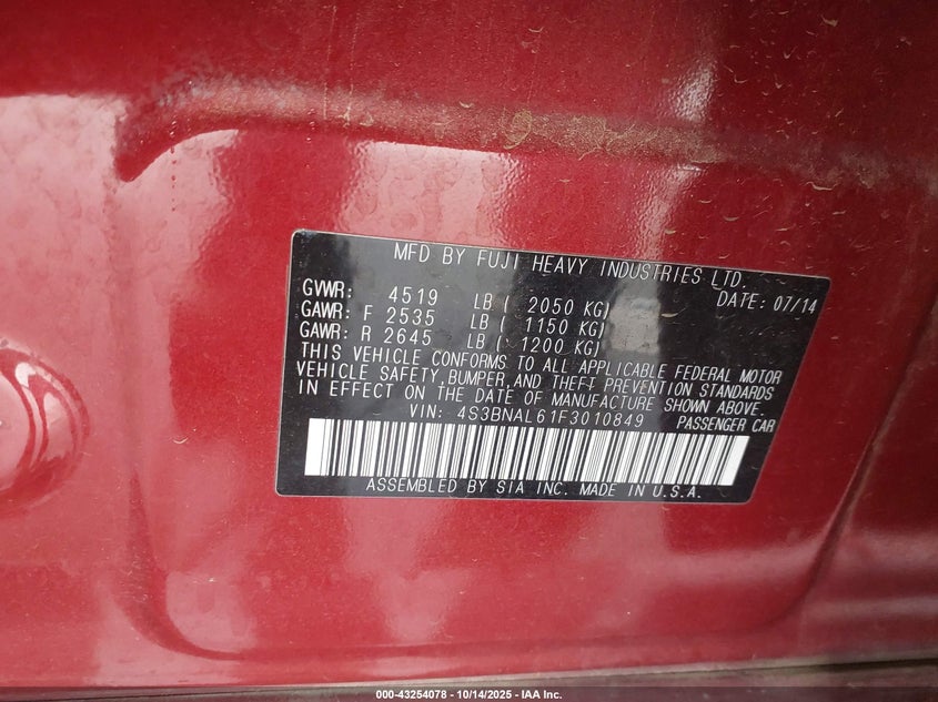 2015 SUBARU LEGACY 2.5I LIMITED 4S3BNAL61F3010849