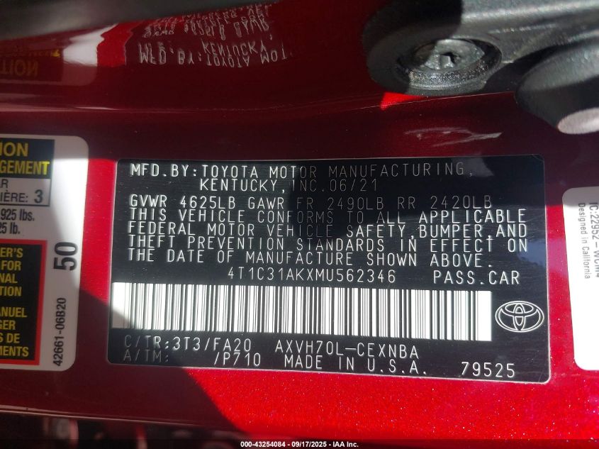2021 Toyota Camry Le Hybrid VIN: 4T1C31AKXMU562346 Lot: 43254084