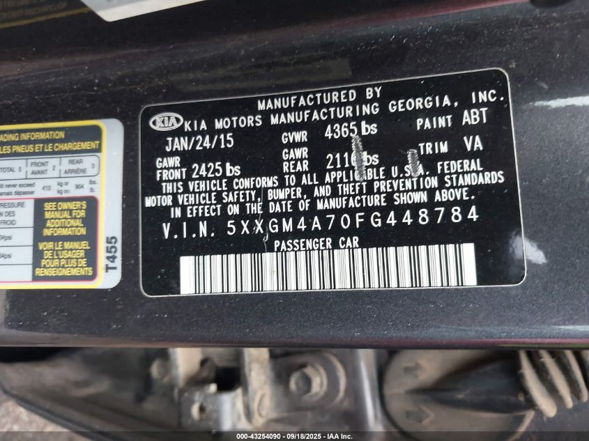 2015 Kia Optima Lx VIN: 5XXGM4A70FG448784 Lot: 43254090