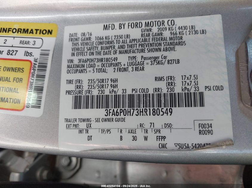2017 Ford Fusion Se VIN: 3FA6P0H73HR180549 Lot: 43254104