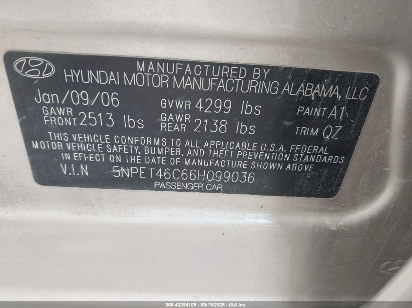 2006 Hyundai Sonata Gl VIN: 5NPET46C66H099036 Lot: 43254109