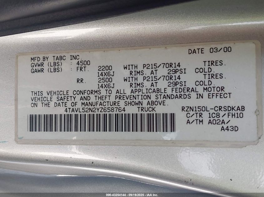 2000 Toyota Tacoma VIN: 4TAVL52N2YZ658764 Lot: 43254144