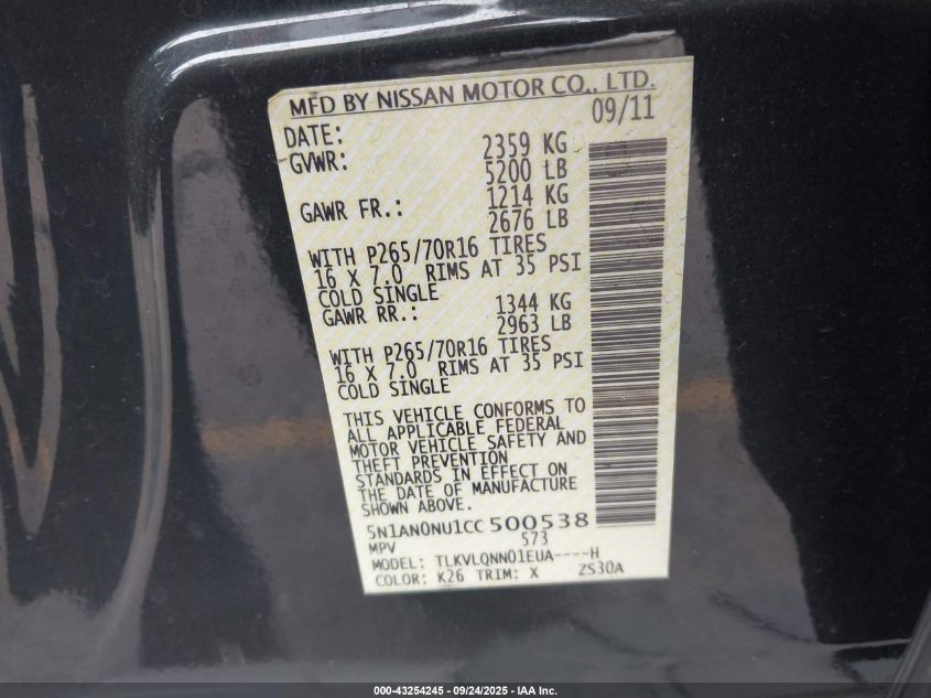 2012 Nissan Xterra X VIN: 5N1AN0NU1CC500538 Lot: 43254245