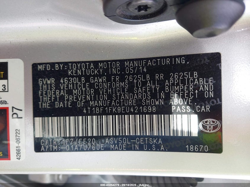 2014 Toyota Camry Se VIN: 4T1BF1FK9EU421698 Lot: 43254279