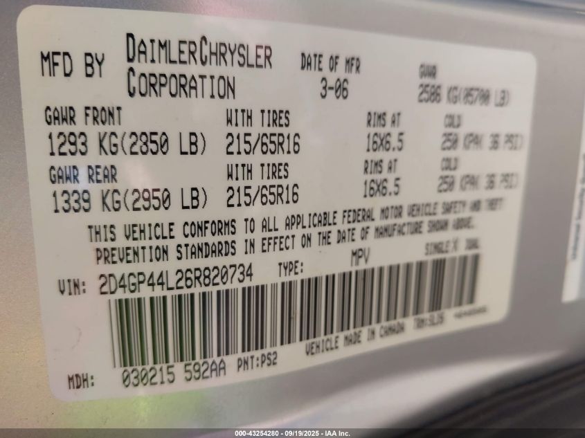 2006 Dodge Grand Caravan Sxt VIN: 2D4GP44L26R820734 Lot: 43254280