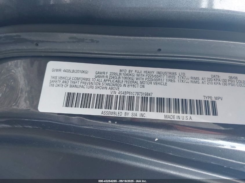 2009 Subaru Outback 2.5I VIN: 4S4BP61C797319847 Lot: 43254285