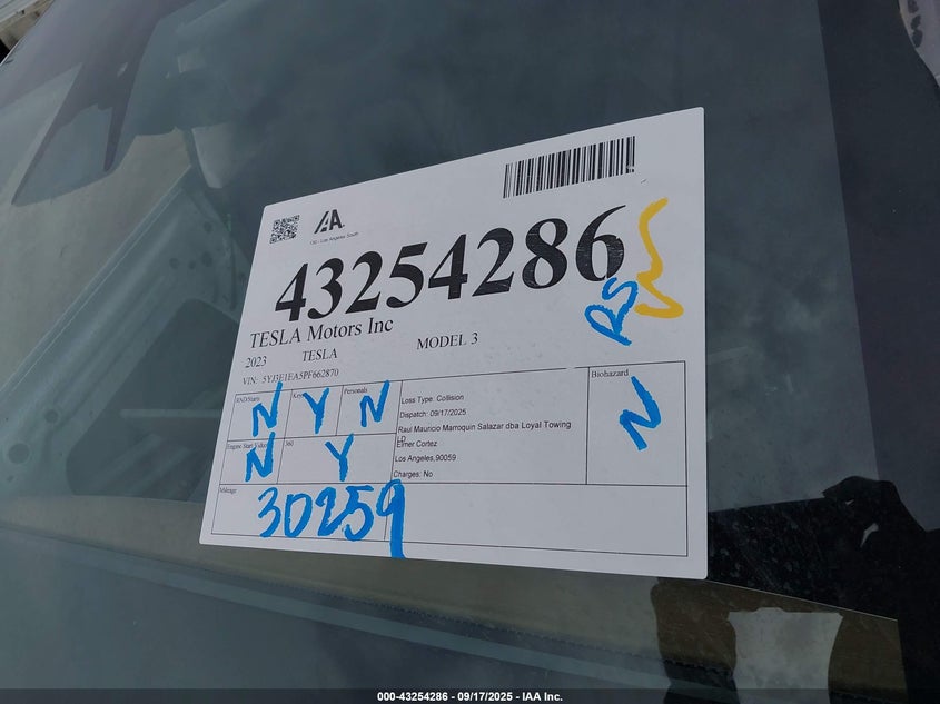 2023 Tesla Model 3 Rear-Wheel Drive VIN: 5YJ3E1EA5PF662870 Lot: 43254286