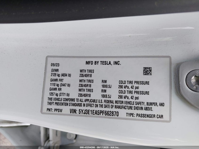 2023 Tesla Model 3 Rear-Wheel Drive VIN: 5YJ3E1EA5PF662870 Lot: 43254286