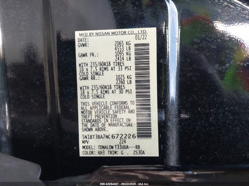 2022 Nissan Rogue Sv Fwd VIN: 5N1BT3BA7NC672226 Lot: 43254307