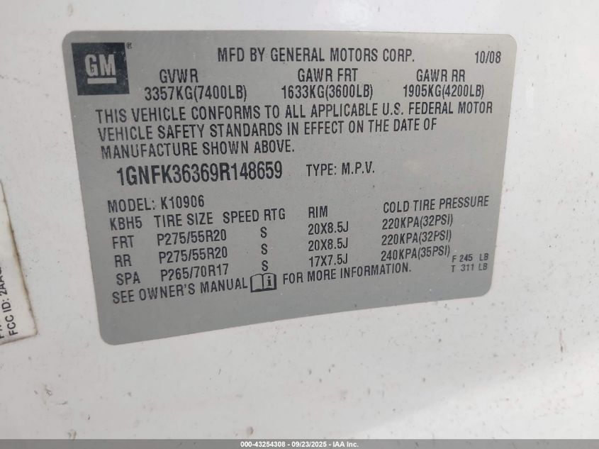 2009 Chevrolet Suburban 1500 Ltz VIN: 1GNFK36369R148659 Lot: 43254308