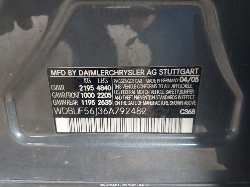 2006 Mercedes-Benz E 350 VIN: WDBUF56J36A792482 Lot: 43254311