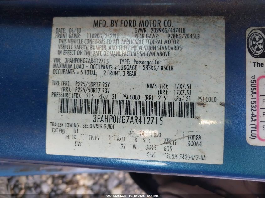 2010 Ford Fusion Se VIN: 3FAHP0HG7AR412715 Lot: 43254322