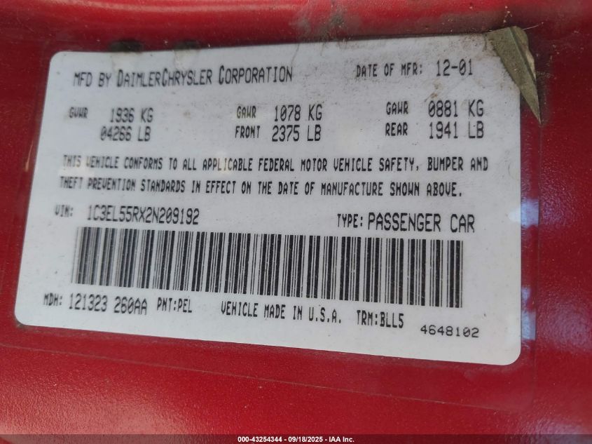 2002 Chrysler Sebring Lxi VIN: 1C3EL55RX2N209192 Lot: 43254344