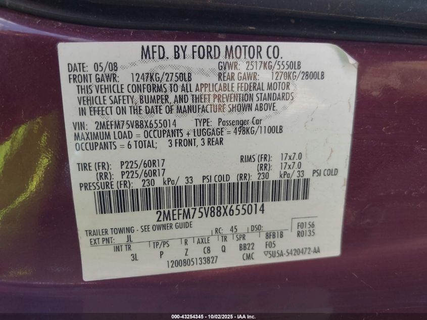2008 Mercury Grand Marquis Ls VIN: 2MEFM75V88X655014 Lot: 43254345