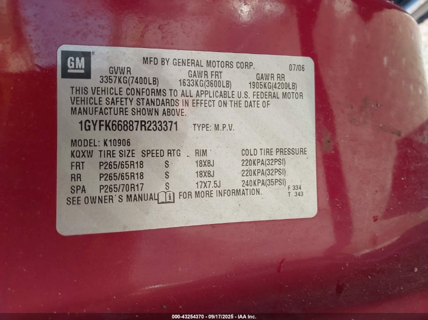 2007 Cadillac Escalade Esv Standard VIN: 1GYFK66887R233371 Lot: 43254370